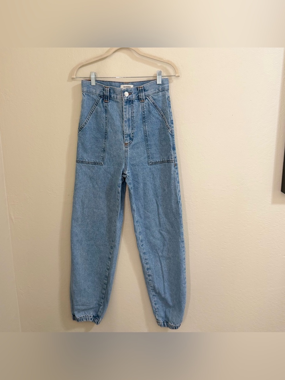 SANDRO Cleia Faded Blue Jean High Rise Tapered Cargo Jogger Jeans Pants Size 34